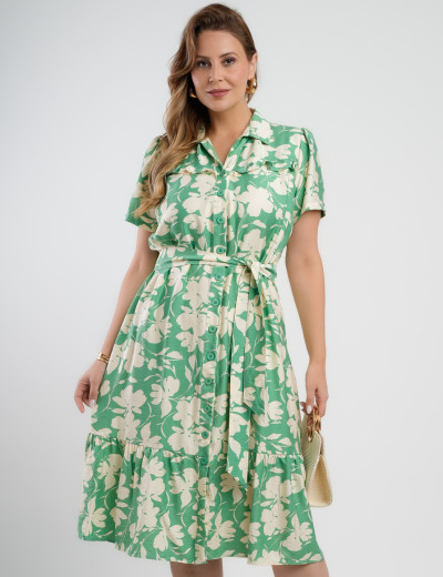 Vestido Midi Crepe Encorpado Estampado Verde 