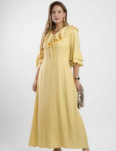 Vestido Longo Poliviscose Com Babado Amarelo