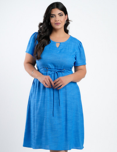Vestido midi Linho Chambray Pala Com Amarração Azul