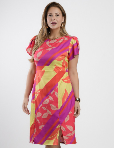 Vestido Midi Crepe Twill Estampado Laranja