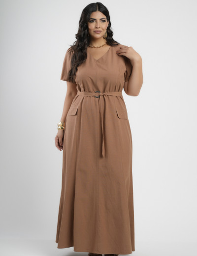 Vestido longo Viscose algodão Com Cinto Marrom