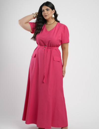 Vestido longo Viscose algodão Com Cinto Pink