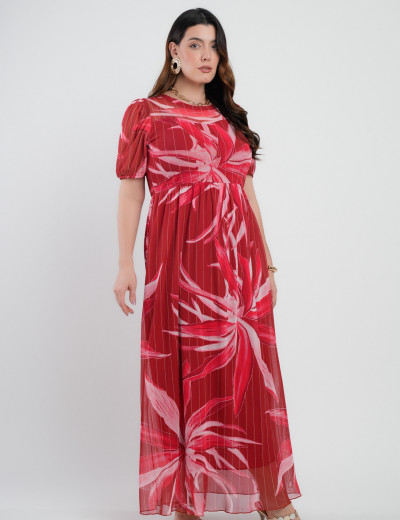Vestido Longo Tule Estampado Vermelho