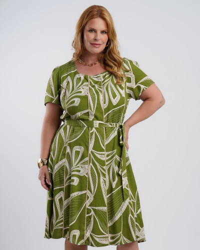 Vestido Midi Viscose Estampado Com Vivo Verde