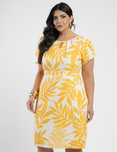 Vestido Midi Linho Estampado Amarelo