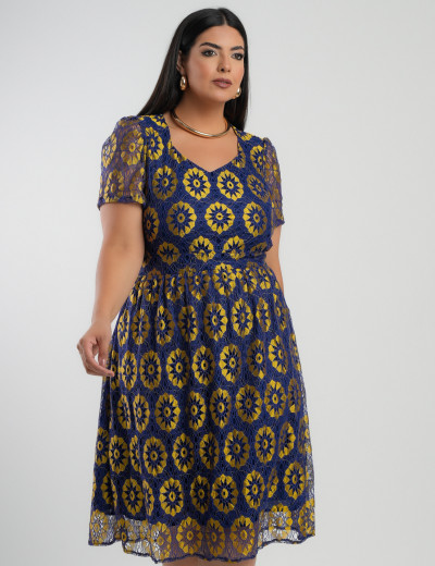 Vestido Midi Renda Com Decote Princesa Amarelo