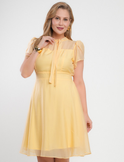 Vestido Midi Liocel Com Gola Amarração Amarelo