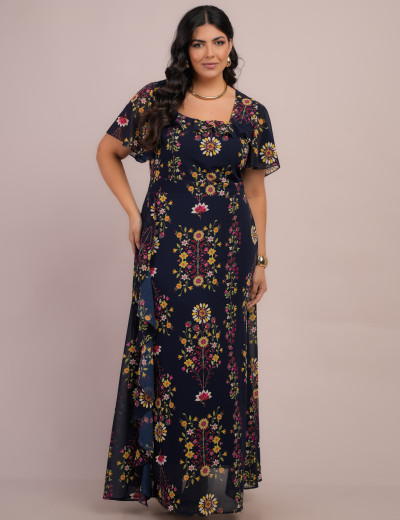 Vestido longo Chiffon Estampado Floral Marinho