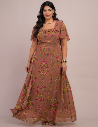 Vestido Longo Chiffon Estampado Floral Marrom 