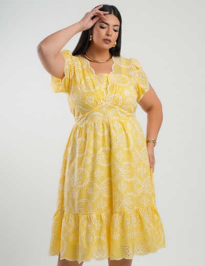 Vestido Midi Lasie Algodão Barrado Amarelo