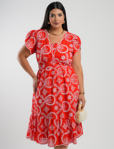 Vestido Midi Lasie Algodão Barrado Vermelho