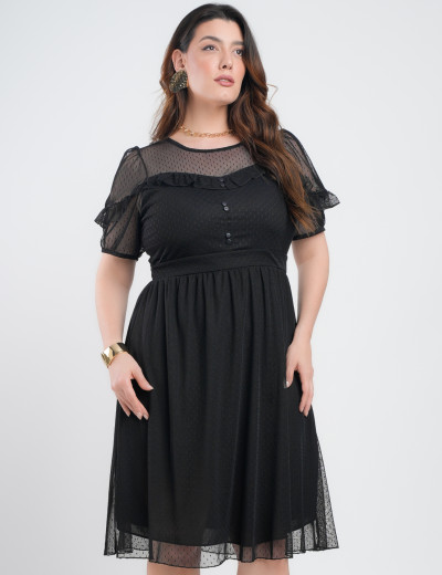 Vestido Midi Tule Textura Poá Com Babado Preto