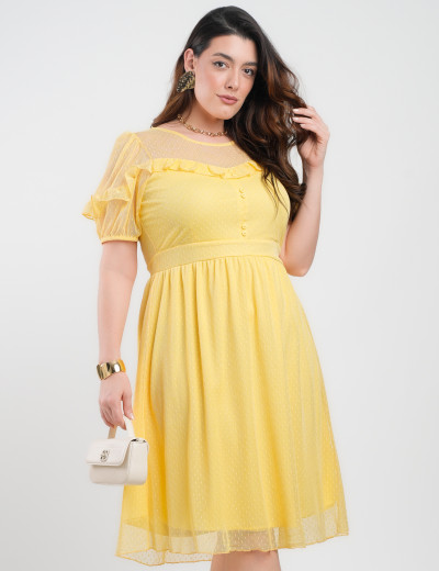 Vestido Midi Tule Textura Poá Com Babado Amarelo
