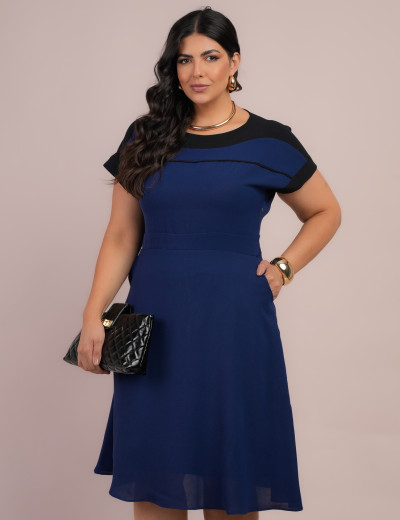 Vestido Curto Crepe liso Bicolor Marinho