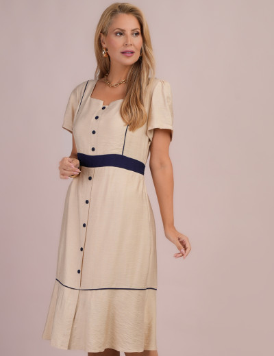 Vestido Midi Bicolor Bege