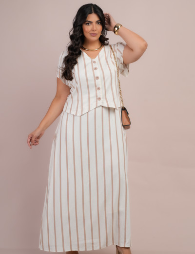 Vestido Longo Linho Listrado Com Botão Bege 