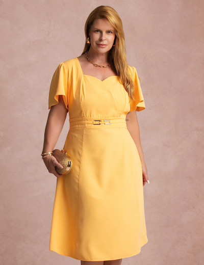 Vestido Midi Cintura Com Fivela Amarelo