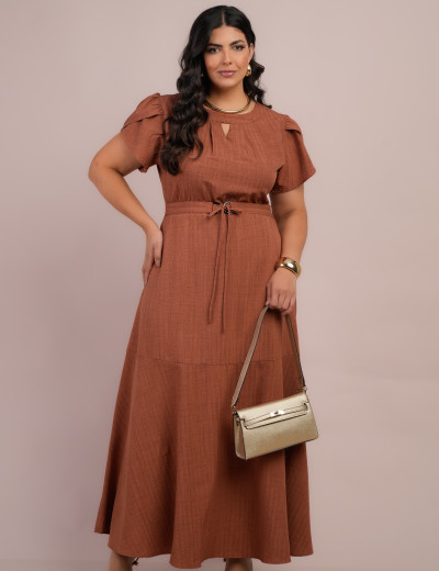 Vestido Longo Jaquard Com Cinto Marrom