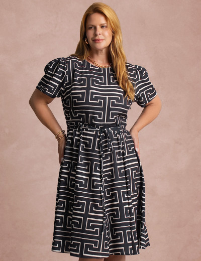 Vestido Midi Estampado Saia Rodada Preto