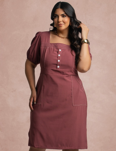 Vestido Midi Com Pesponto Frente Vinho