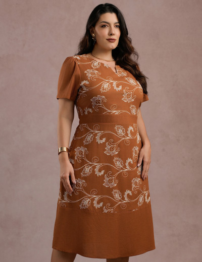 Vestido Midi Linho Com Bordado Marrom 