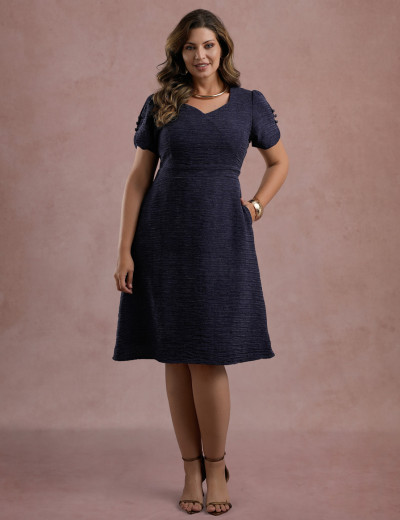 Vestido Midi Decote Princesa Com Botão Marinho