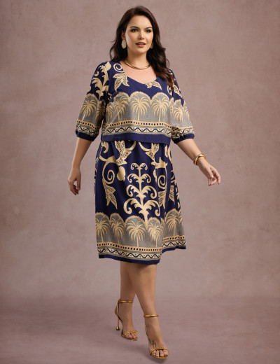 Vestido Midi Barrado Manga 3/4 Azul