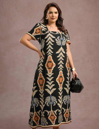 Vestido Longo Estampado Preto