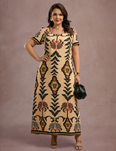 Vestido Longo Estampado Bege 