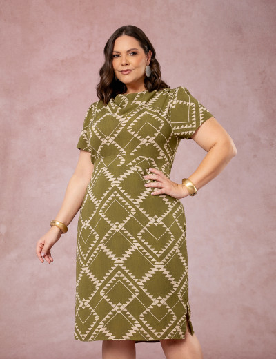 Vestido Midi Estampado Gola Boba Musgo