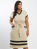 Vestido Midi Malha Canelada Bicolor Bege 