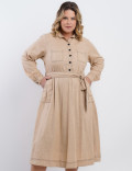 Vestido Midi Linho Misto Com Pesponto Bege 