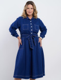 Vestido Midi Linho Misto Com Pesponto Marinho