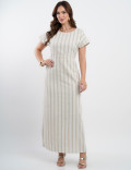 Vestido Longo Linho Misto Listrado Bege