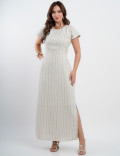 Vestido Longo Linho Misto Listrado Bege