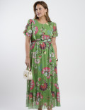 Vestido Longo Tule Estampado Com Babados Verde