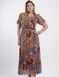 Vestido Longo Tule Estampado Com Babados Marrom