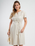 Vestido Curto Linho Misto Com Nervuras Bege 