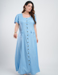 Vestido Longo Linho Misto Botões Frontais Azul