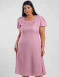Vestido Midi Crepe Decote Com Nervuras Rosé