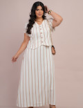 Vestido Longo Linho Listrado Com Botão Bege 
