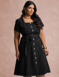 Vestido Curto Frente Pesponto Preto