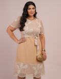 Vestido Midi Tela Com Bordado Bege