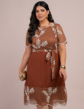 Vestido Midi Tela Com Bordado Marrom