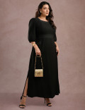 Vestido Longo Com Pesponto Preto