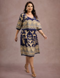Vestido Midi Barrado Manga 3/4 Azul