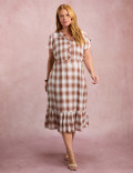 Vestido Midi Xadrez Com Botão Marrom