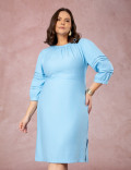 Vestido Midi Mangas Com Nervuras Azul