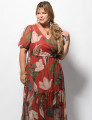 Vestido Longo Tule Estampado Telha 