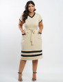 Vestido Midi Malha Canelada Bicolor Bege 